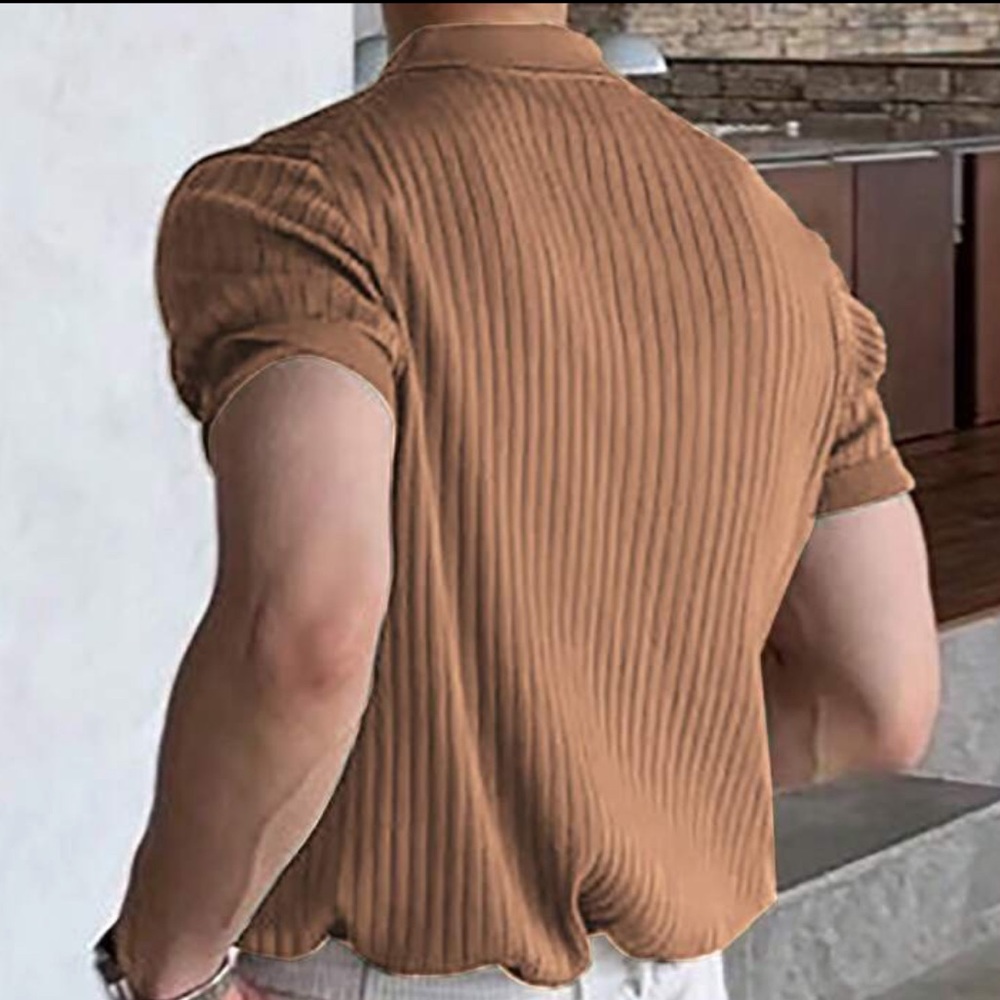 Brown / tan Men’s button v neck collared polo short sleeve rib knit shirt - Picture 2 of 4